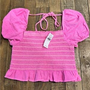 American Age Pink Puff Sleeve Smocked Blouse